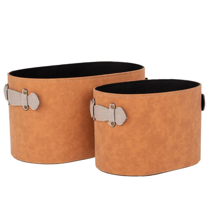 SET 2 BROWN LEATHER BASKET 35X19X19  25X17X14CM