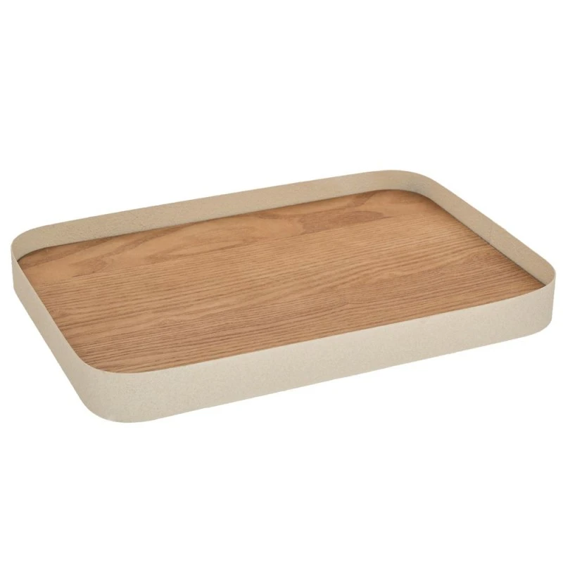 DECO METAL TRAY IN CREAM COLOR WITH WOODEN SURFACE 35X24X3,5CM
