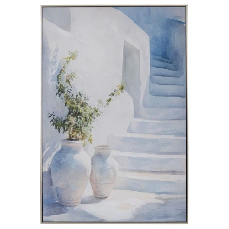 GREEK ISLAND PAINTING ON PRINTED CANVAS WITH BLACK SILVER FRAME 80X120CM