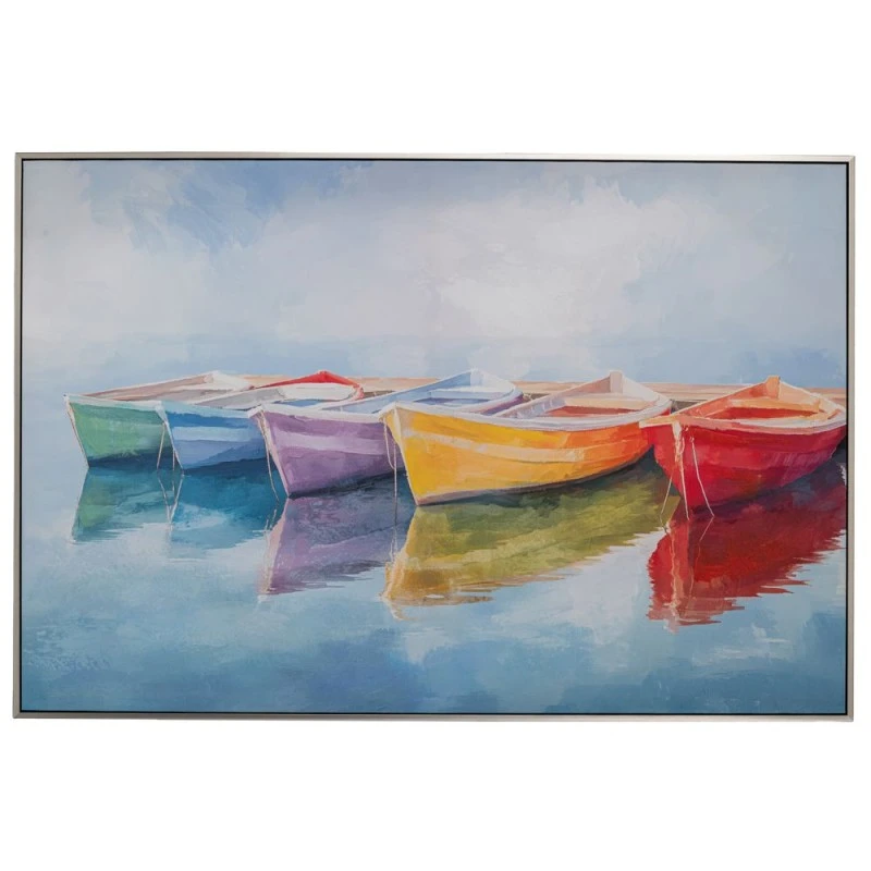 BOATS PAINTING ON PRINTED CANVAS WITH BLACK SILVER FRAME 120X80CM