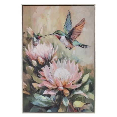 LOTUS FLOWER PAINTING  WITH BIRD ON PRINTED CANVA WITH BLACK SILVER FRAME 60Χ90CM