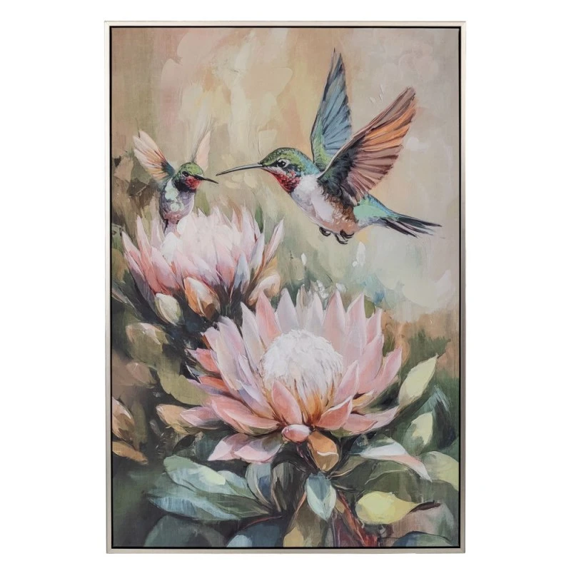 LOTUS FLOWER PAINTING  WITH BIRD ON PRINTED CANVA WITH BLACK SILVER FRAME 60Χ90CM