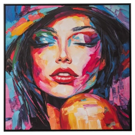 WOMAN PAINTING ON PRINTED CANVAS WITH BLACK FRAME 80X80CM