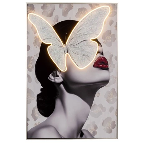 BUTTERFLY  WITH LED LIGHT PAINTING  WITH SILVER FRAME ON PRINTED CANVAS 80X120CM