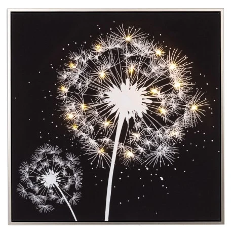 DANDELION WITH LED LIGHT PAINTING WITH SILVER FRAME ON PRINTED CANVAS 60X60CM