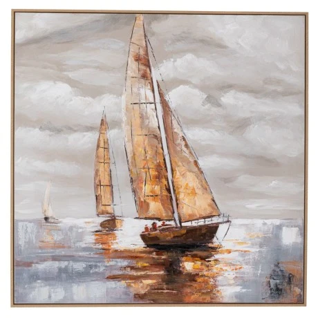 SAIL BOAT OIL PAINTING WITH NATURAL FRAME ON PRINTED CANVAS 100X100CM