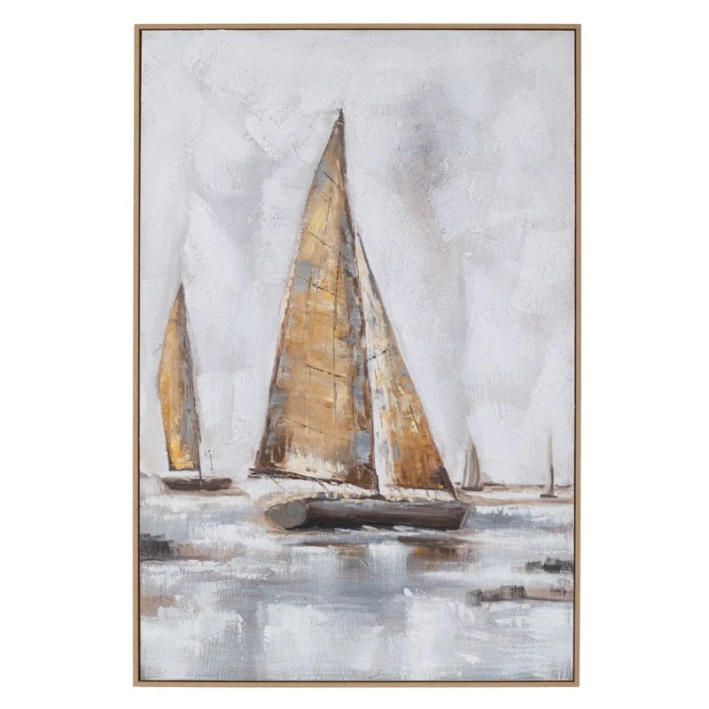 SAIL BOAT OIL PAINTING WITH NATURAL FRAME ON PRINTED CANVAS 80Χ120CM