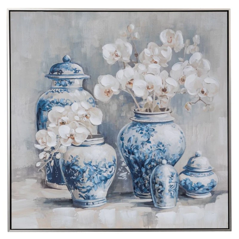 VASES WITH HYDRANGEA PAINTING ON PRINTED CANVAS WITH SILVER FRAME 80X80CM