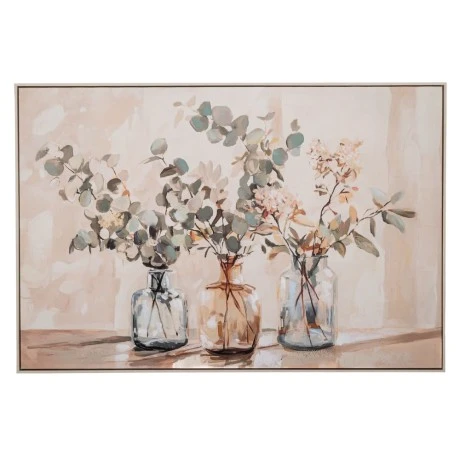 VASES WITH FLOWERS PAINTING ON PRINTED CANVAS WITH WHITE WASHING LOOKING FRAME 120X80CM