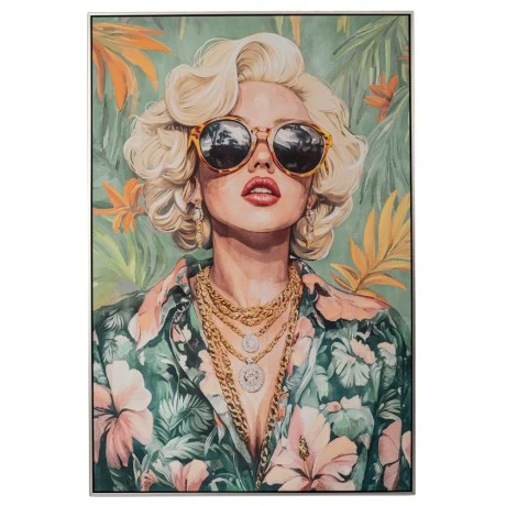 BLAND FEMALE FIGURE PAINTING ON PRINTED CANVAS WITH SILVER FRAME 80X120CM