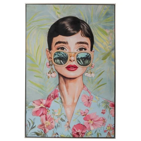 BRUNETTE FEMALE FIGURE PAINTING ON PRINTED CANVAS WITH SILVER FRAME 80X120CM