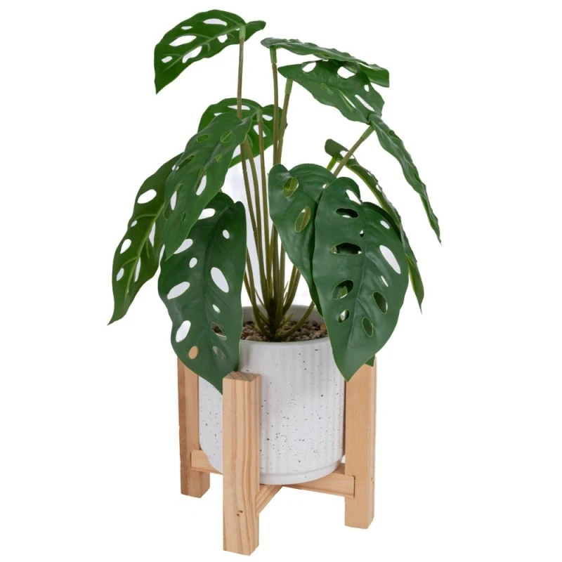 PLASTIC PLANT IN POT ON WOODEN LEGS 32H 14X14X11CM