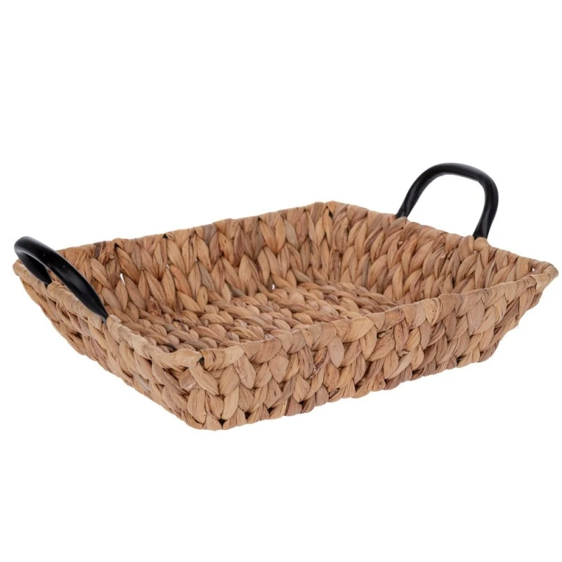 WATER HYACINTH TRAY WITH BLACK METAL HANDLES 35X35X8CM