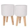 SET 2 WHITE METAL FLOWER POT WITH WOODEN LEGS 28X43 25X41CM