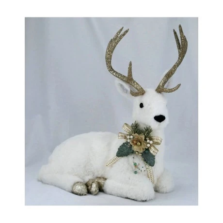 WHITE DEER WITH GOLD ANTLERS AND GOLD PICΚ NECK SITTING 42,5X23X44CM