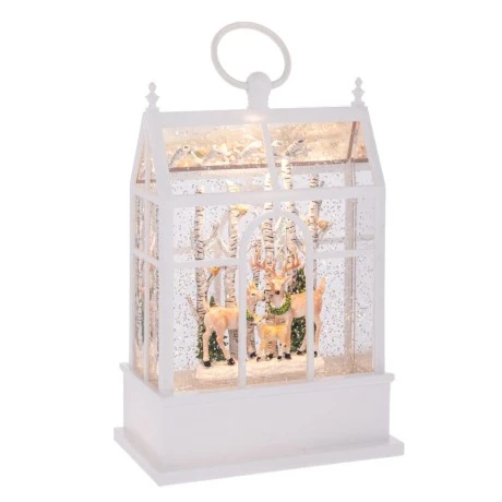 XMAS WHITE  PLASTIC LATERN WITH LED ROTATED GLITTER 15.7X9.6X23.5CM.BATTERY(3XAAA)+USB