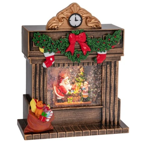 XMAS WHITE PLASTIC FIREPLACE WITH LED ROTATED GLITTER 19.5X9.3X23.5CM.BATTERY(3XAAA)+USB