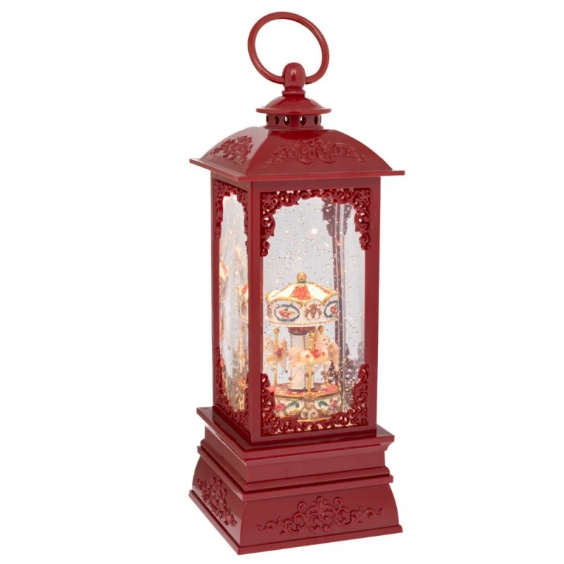 XMAS RED PLASTIC LATERN WITH LED ROTATED GLITTER 10.5X10.5X28CM.BATTERY(3XAAA)+USB