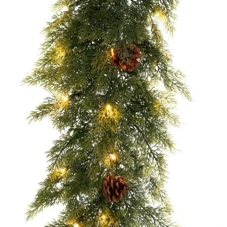 PRE-LIT FROSTED GARLAND 270CM WITH PINECONES AND 80 LED WARM WHITE STEADY AND END CONNECTED LIGHTS