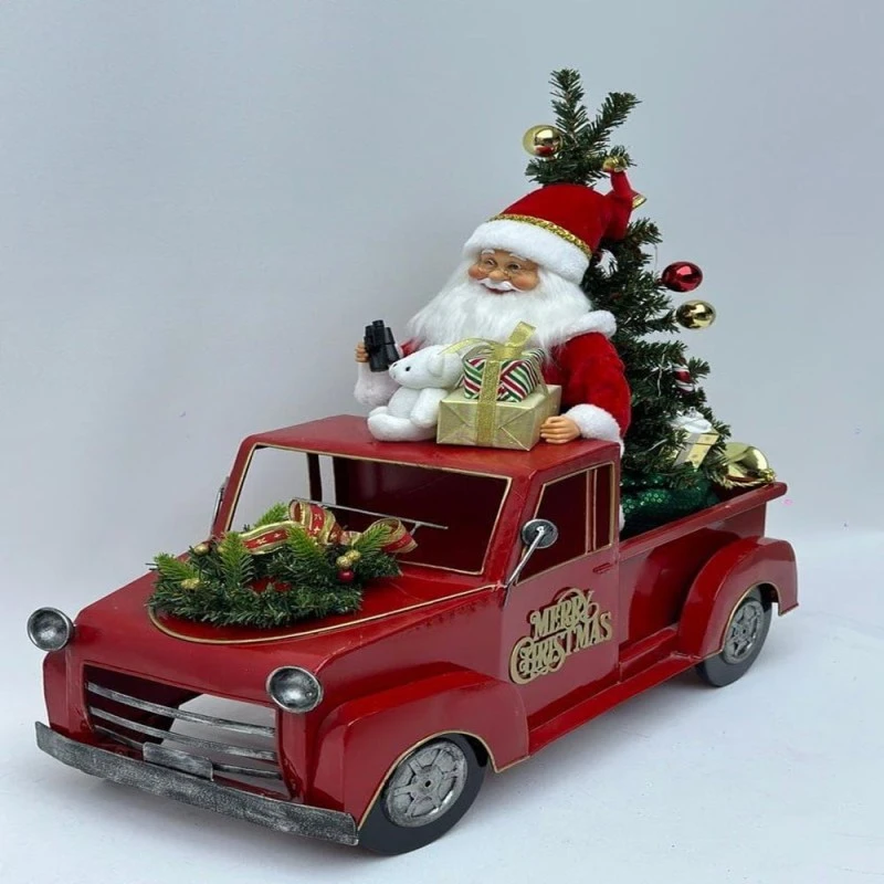 XMAS RED METAL CAR WITH TREE AND SANTA IN THE TRUCK 70X30X60CM