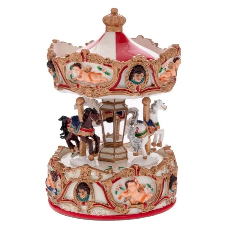 XMAS RESIN WINDING CAROUSEL IN GOLD COLOR WITH HORSES, MUSIC AND MOVEMENT D12X16,5CM