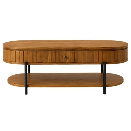 WOODEN COFFEE TABLE IN OVAL SHAPE WITH BLACK METAL LEGS 120Χ50Χ47CM