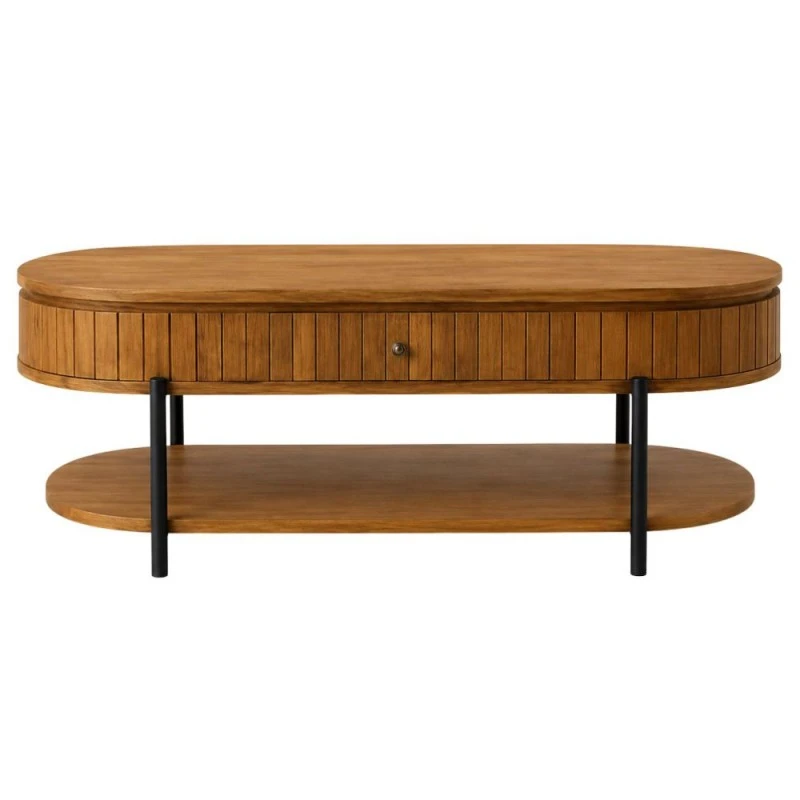 WOODEN COFFEE TABLE IN OVAL SHAPE WITH BLACK METAL LEGS 120Χ50Χ47CM
