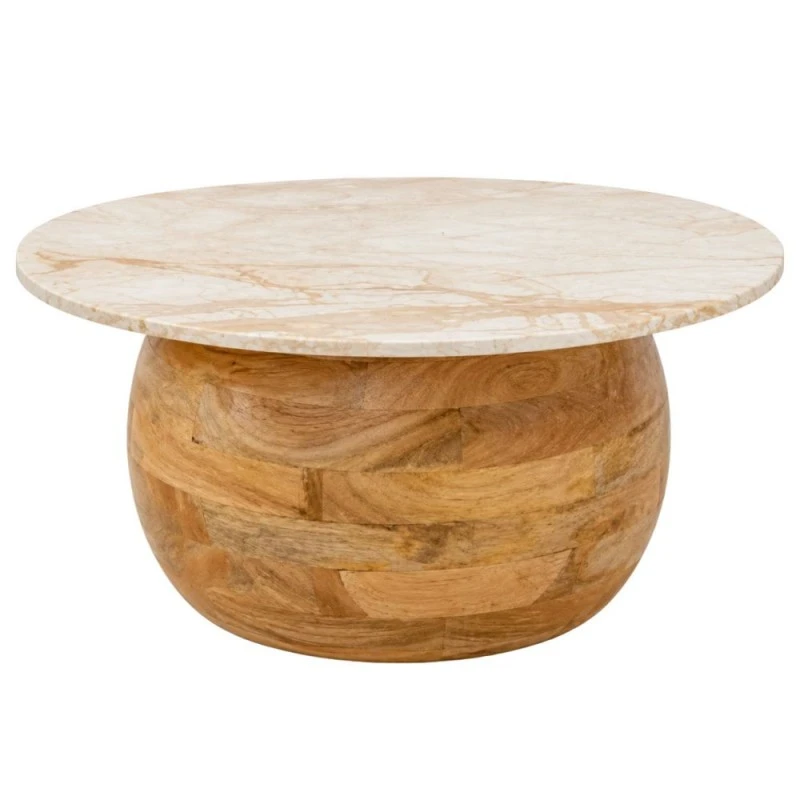 WOODEN ROTTON COFFE TABLE WITH WHITE SURFACE AND MARBLE EFFECT D90X50CM
