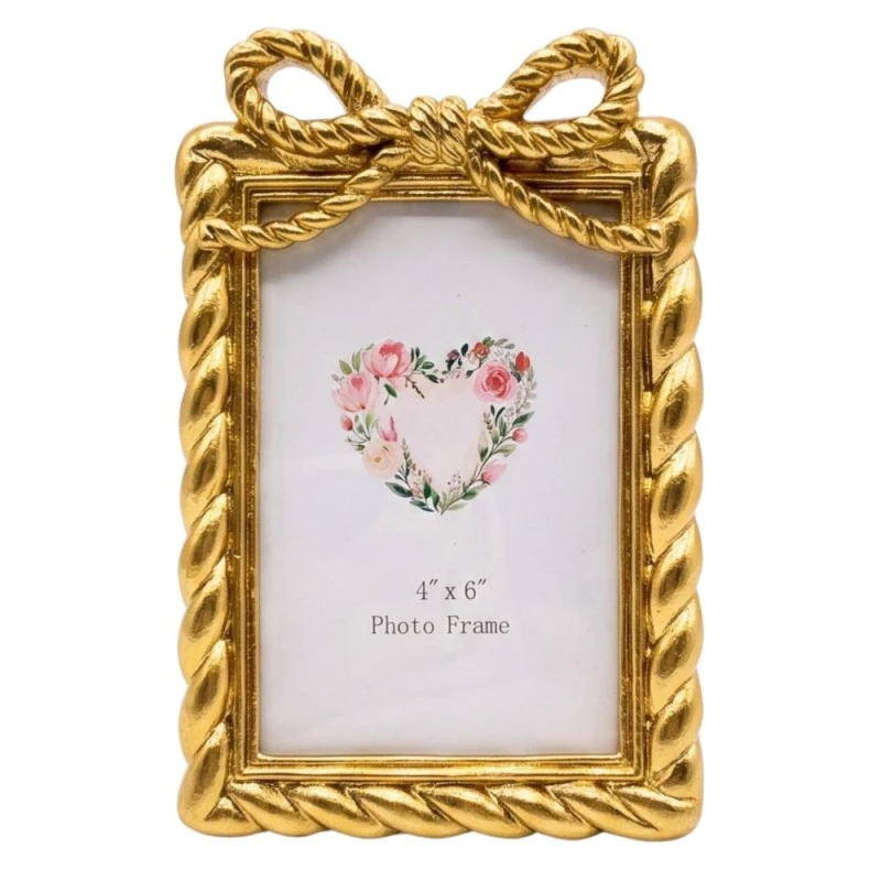 GOLD RESIN PHOTO FRAME WITH TWISTED ROPE AND BOW 10X15CM