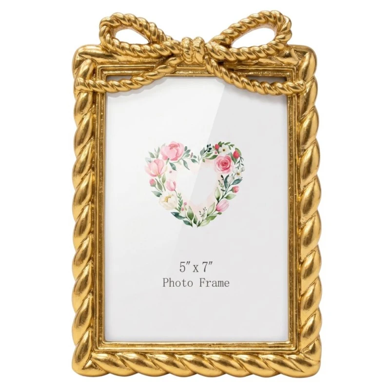 GOLD RESIN PHOTO FRAME WITH TWISTED ROPE AND BOW 13X18CM