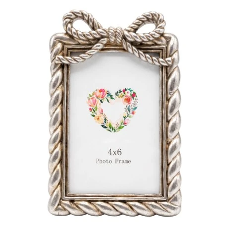 SILVER RESIN PHOTO FRAME WITH TWISTED ROPE AND BOW 10X15CM