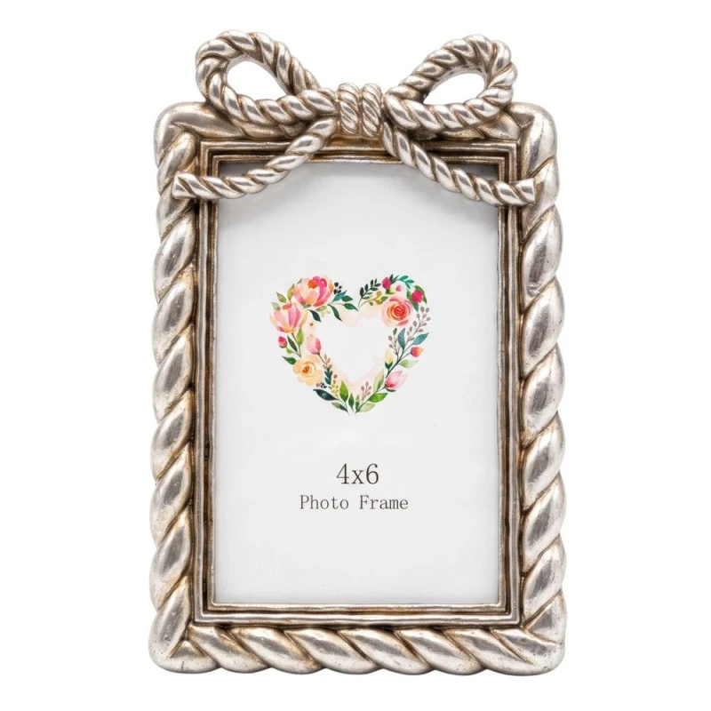 SILVER RESIN PHOTO FRAME WITH TWISTED ROPE AND BOW 10X15CM
