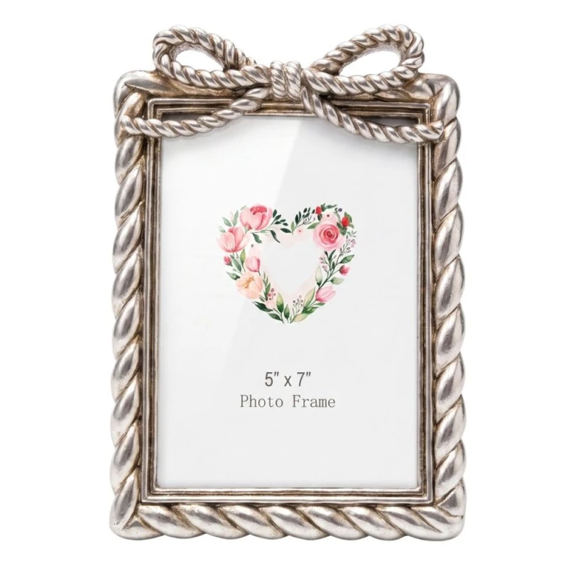 SILVER RESIN PHOTO FRAME WITH TWISTED ROPE AND BOW 13X18CM