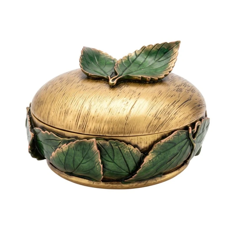 GOLD RESIN EMBOSSED GREEN LEAF TRINKET BOX D12X8CM