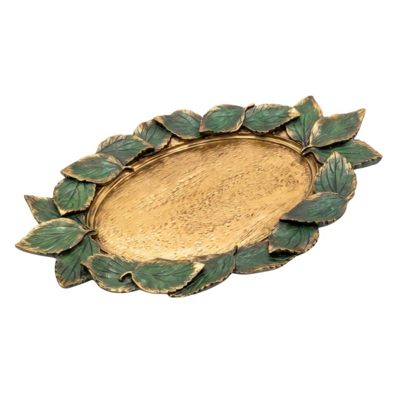 GOLD RESIN PLATTER WITH EMBOSSED GREEN LEAVES 32X19X2,5CM