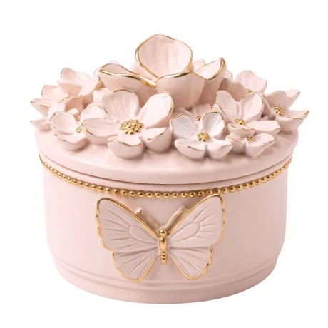 WHITE RESIN EMBOSSED FLOWERS TRINKET BOX D9X7CM