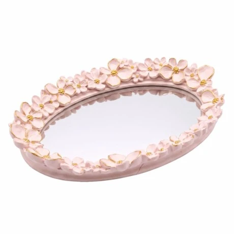 WHITE RESIN EMBOSSED FLOWERS AND MIRROR TRAY 27x19x3,5CM