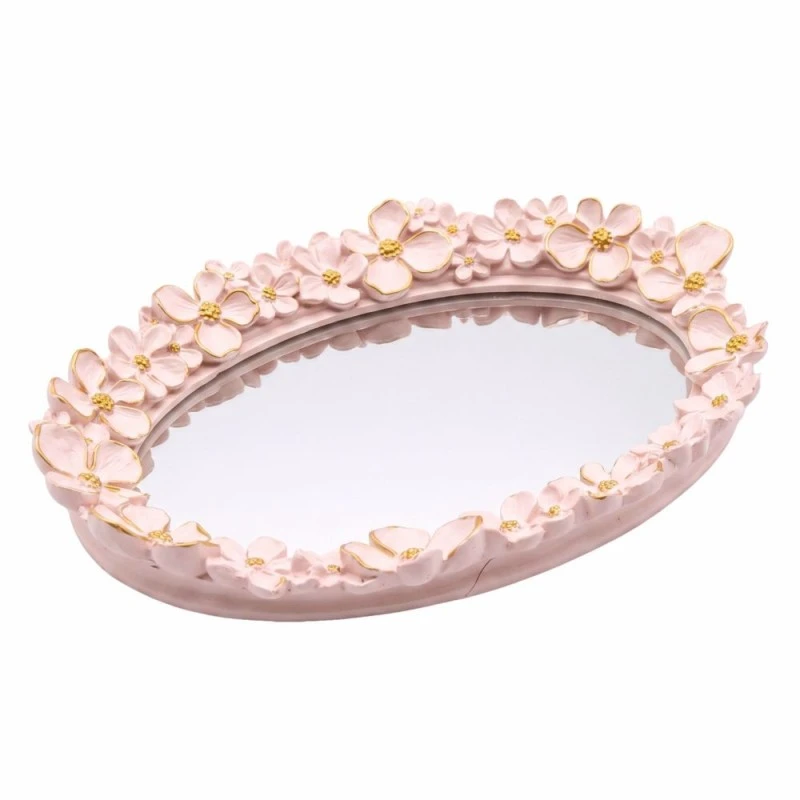 WHITE RESIN EMBOSSED FLOWERS AND MIRROR TRAY 27x19x3,5CM