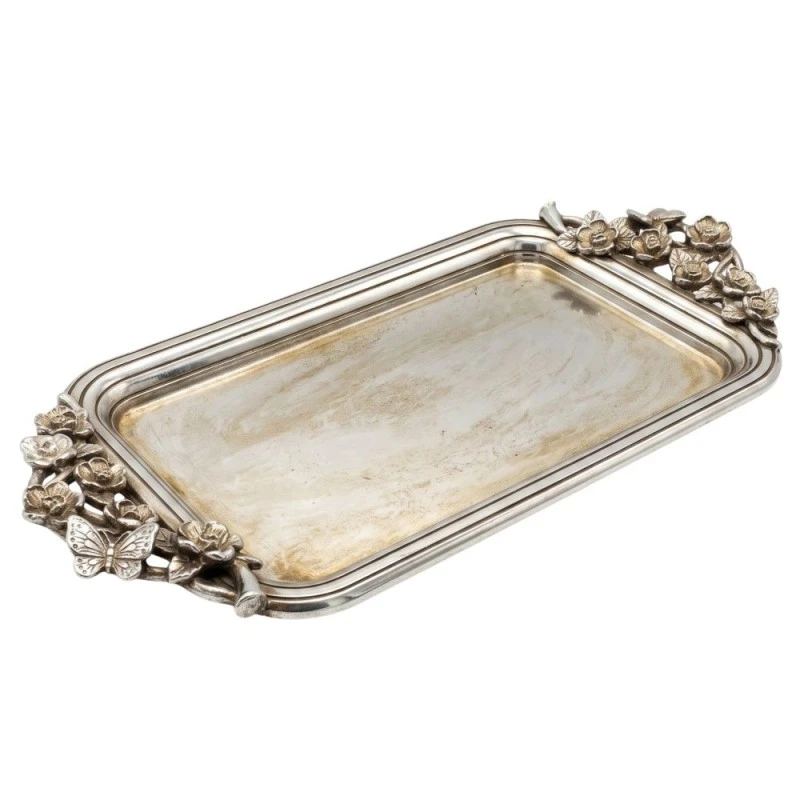 SILVER RESIN TRAY WITH EMBOSSED LEAVES AND MIRROR 37X17X3CM