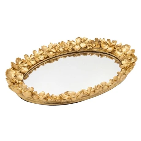 GOLD RESIN TRAY WITH EMBOSSED FLOWERS 26,5X19X3,5CM