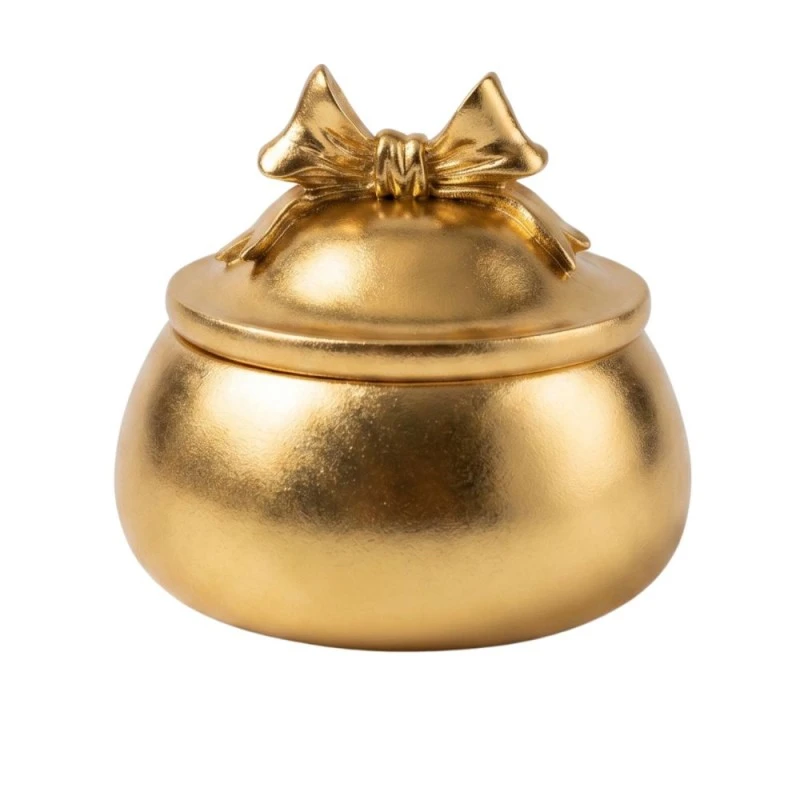 GOLD RESIN TRINKET BOX WITH BOW D10X9CM