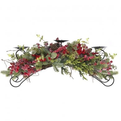 CANDLE HOLDER WITH PINE CONES, RED BERRIES AND CINAMMON STICKS 65X25CM