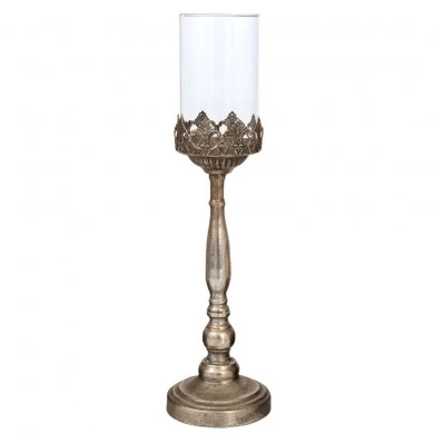 DECO SILVER METAL CANDLE HOLDER WITH GLASS 11,5X11,5X46CM