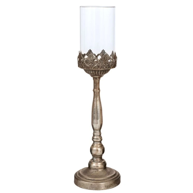 DECO SILVER METAL CANDLE HOLDER WITH GLASS 11,5X11,5X46CM