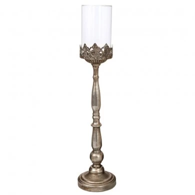 DECO SILVER METAL CANDLE HOLDER WITH GLASS 11,5X11,5X56,5CM