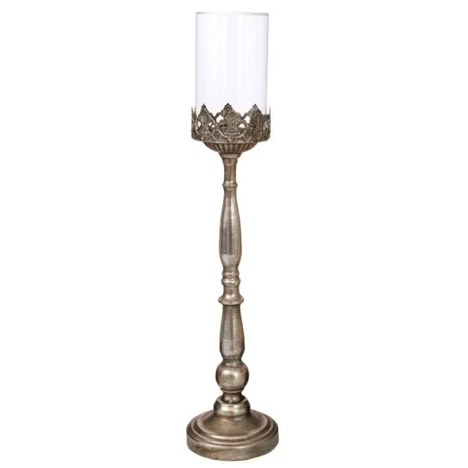 DECO SILVER METAL CANDLE HOLDER WITH GLASS 11,5X11,5X56,5CM