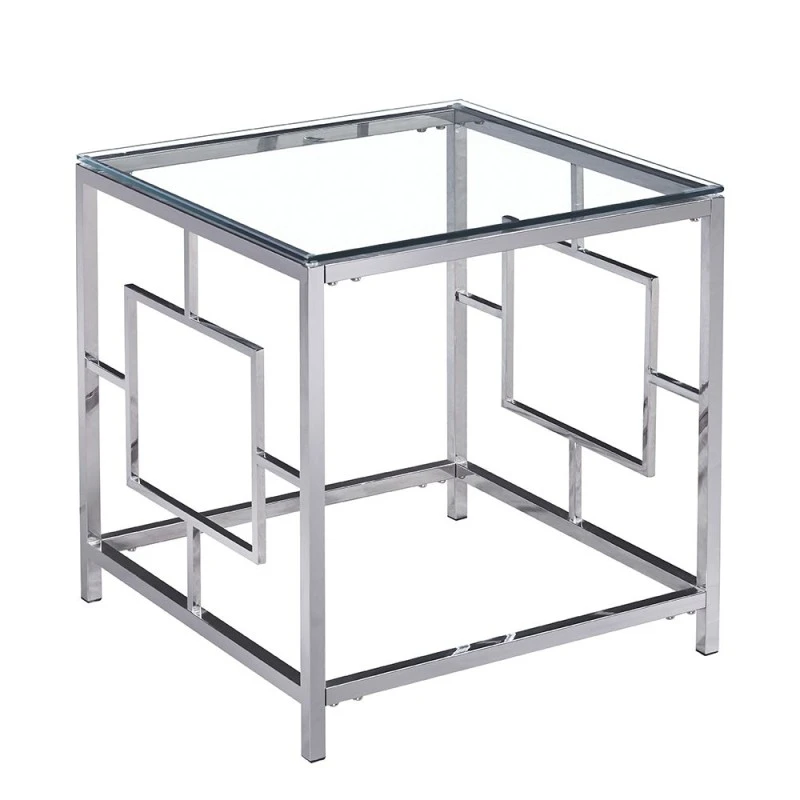 SILVER STAINLESS STEEL SIDE TABLE 55X55X55 CM WITH CLEAR GLASS TOP