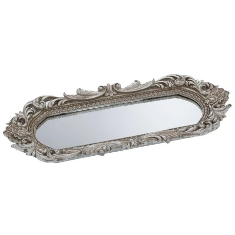 DECO SILVER RESIN TRAY WITH MIRROR 33,5Χ14X2,5CM