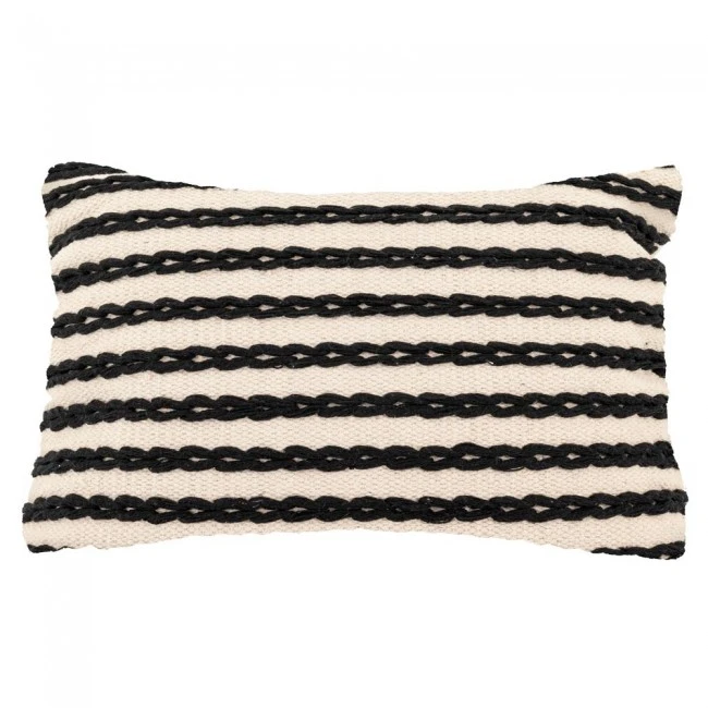 WHITE WITH BLACK STRIPES COTTON FABRIC FILLED CUSHION 50X33CM