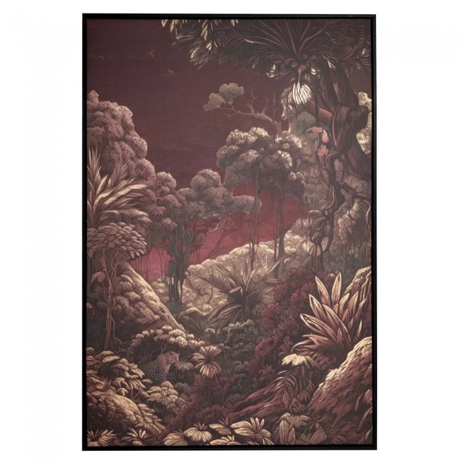 BURGUNDY JUNGLE GOLD FOIL PAINTING 83X123CM WITH BLACK FRAME ON PRINTED CANVAS